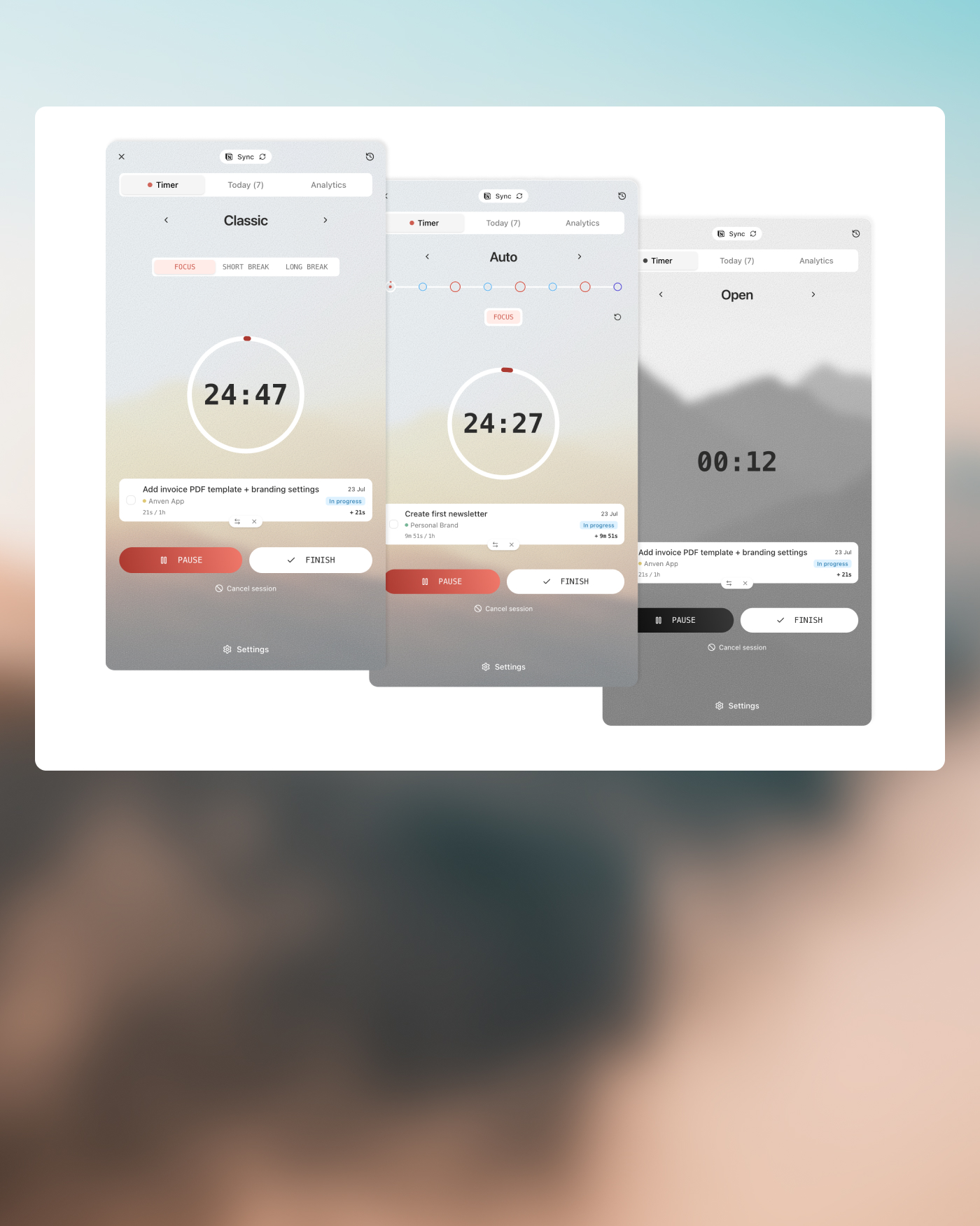 The Classic, Auto and Open timer modes shown side by side in the Flowtion sidebar