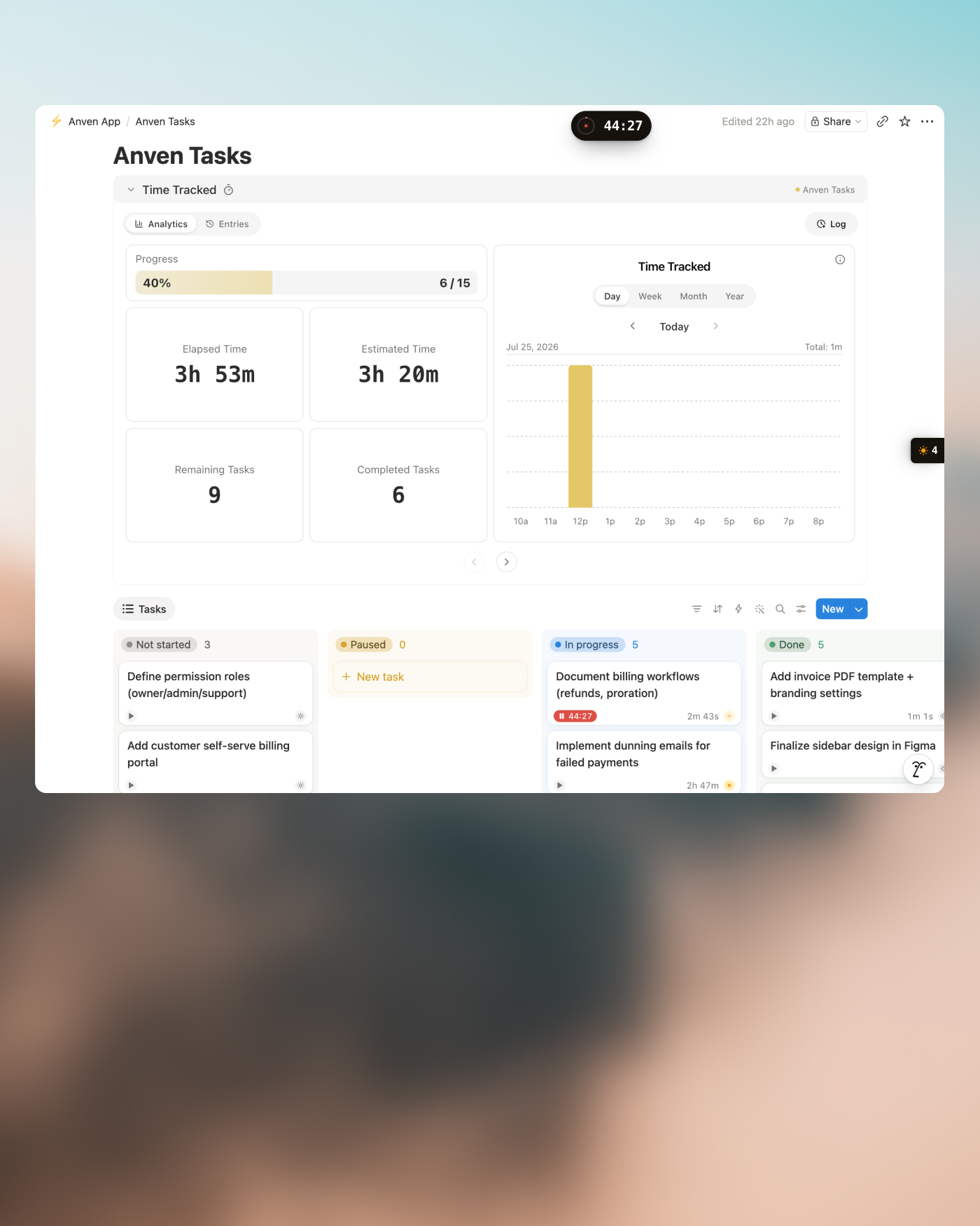 A Flowtion time-tracking block rendered inside a Notion page, with live timers on the task board below